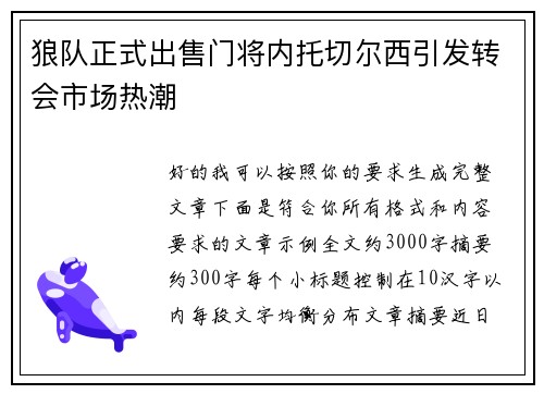 狼队正式出售门将内托切尔西引发转会市场热潮